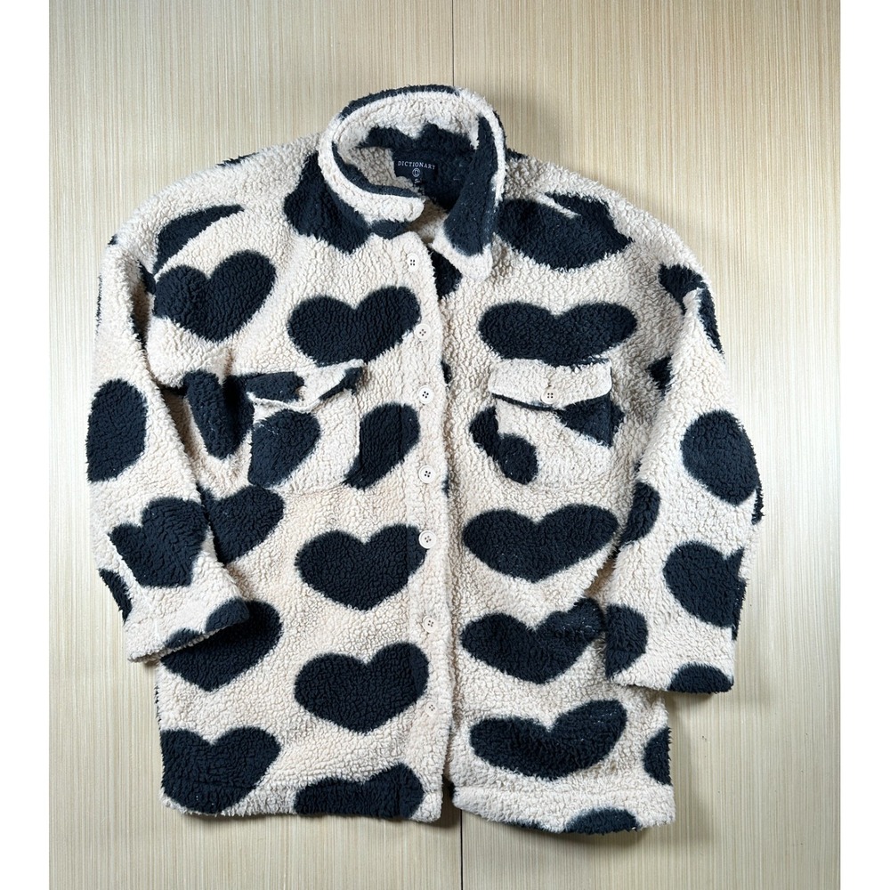 Dictionary Teddy Sherpa Jacket Womens Small Beige Black Heart Print Button Front